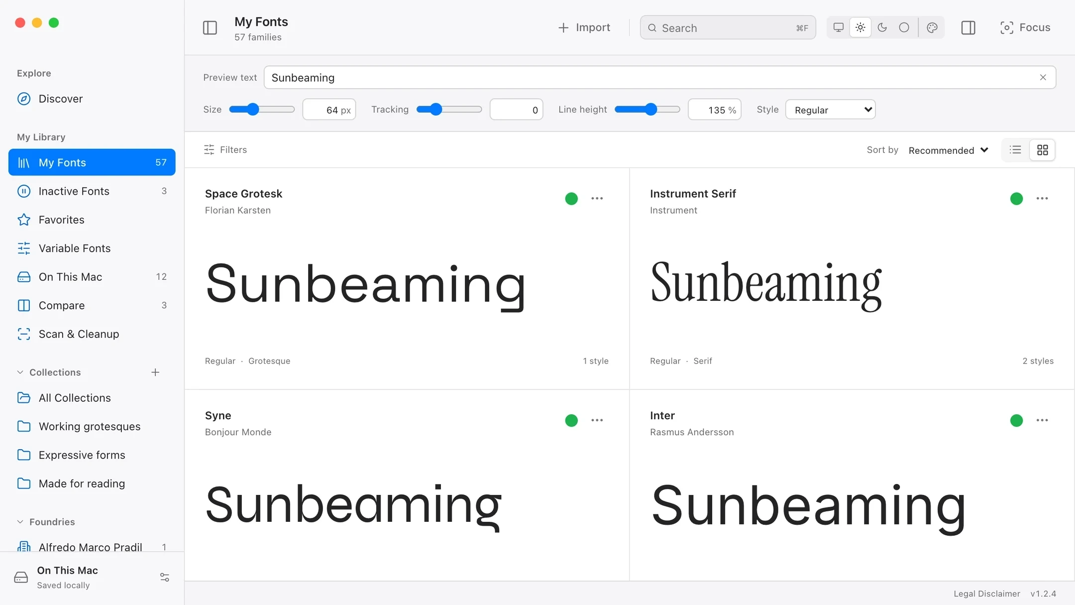Fonting 1.2.4 in light mode, with font families in a grid, collections and foundries in the sidebar, and preview controls above.