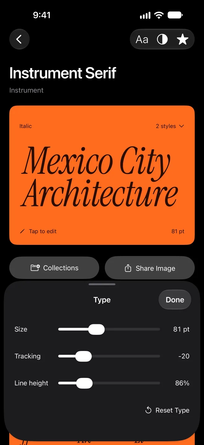 Instrument Serif on an orange card, with size, tracking, and line height controls.